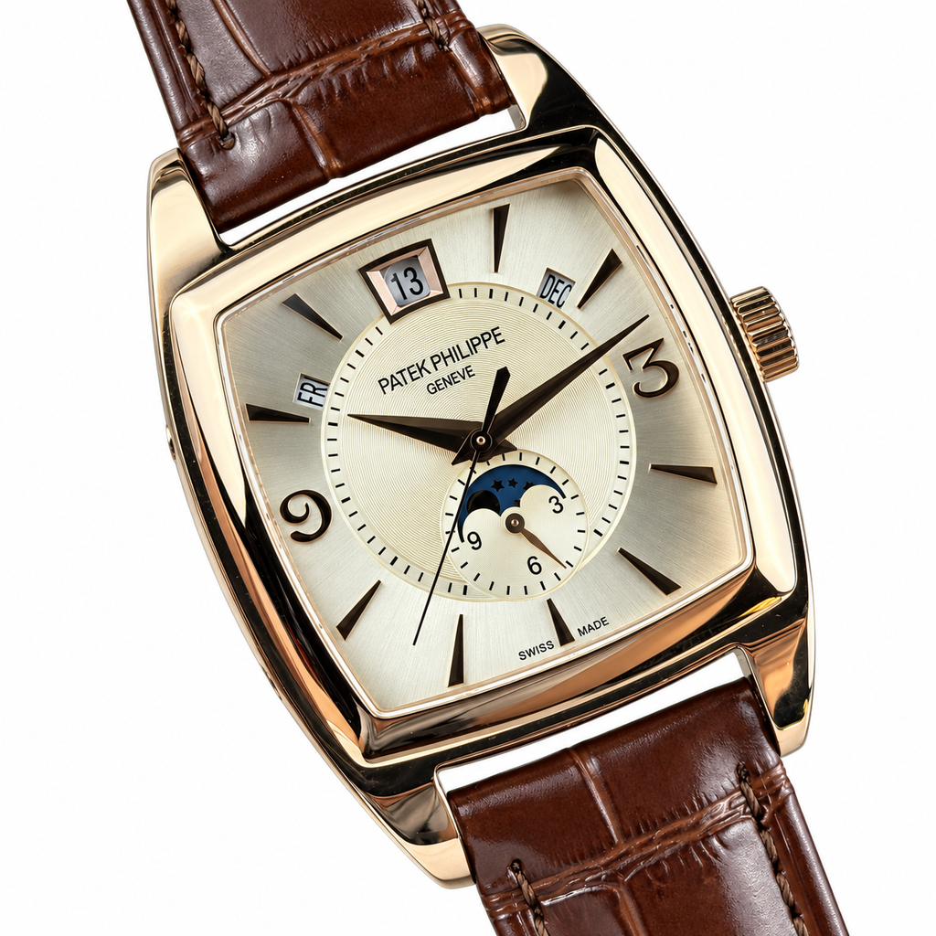 Patek Philippe Gondolo Cushion Rose Gold Annual Calendar Moon Phase Small Seconds Ivory Dial Brown Strap 34mm