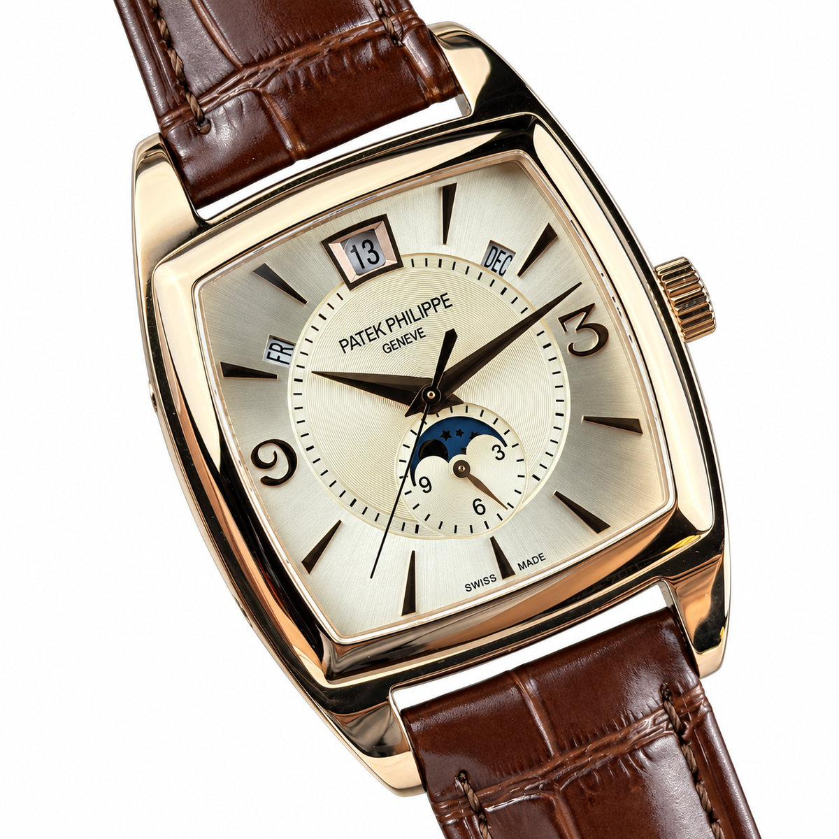 Patek Philippe Gondolo Cushion Rose Gold Annual Calendar Moon Phase Small Seconds Ivory Dial Brown Strap 34mm