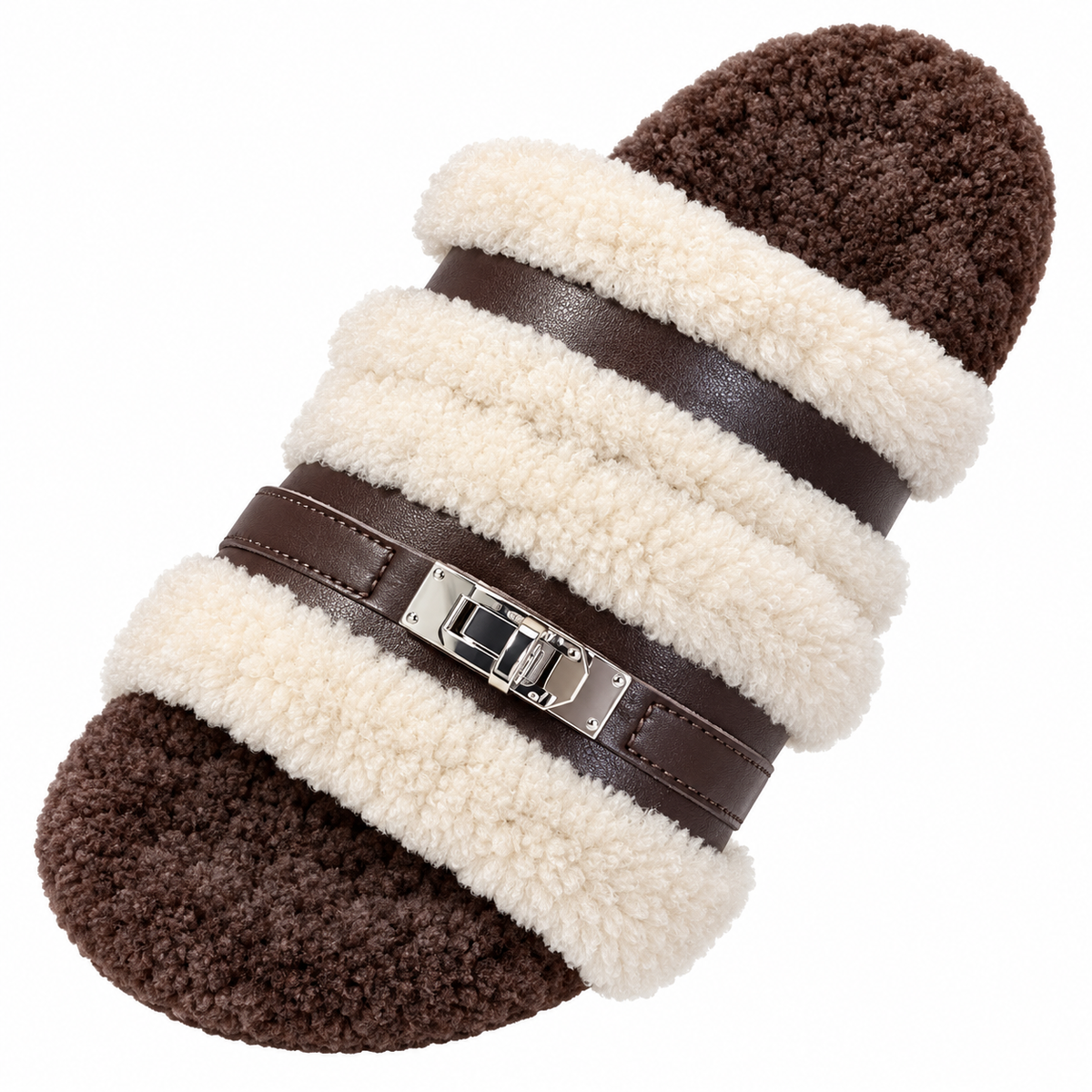 Hermès Dark Brown Slide Sandals with Cream Plush Trim