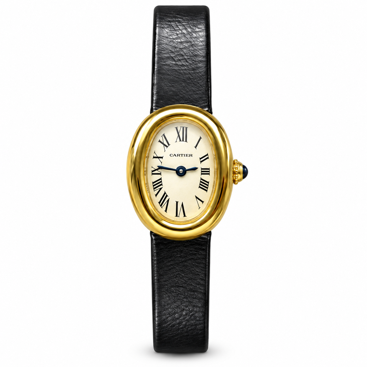 Cartier Baignoire Small 18k Yellow Gold Ivory Dial Black Leather Strap Watch