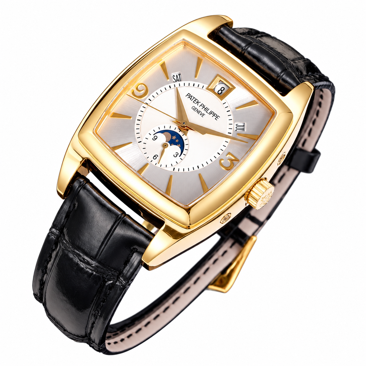 Patek Philippe Gondolo Tonneau Yellow Gold Moon Phase Day Date Month Silver Dial Black Strap 34mm