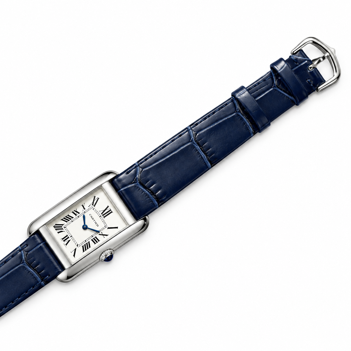Cartier Tank Must Large Stainless Steel White Dial Blue Alligator Strap Watch