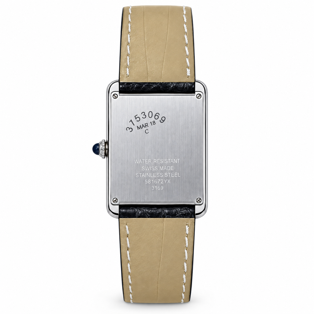 Cartier Tank Solo Small Stainless Steel Diamond Bezel White Dial Grey Alligator Strap Watch
