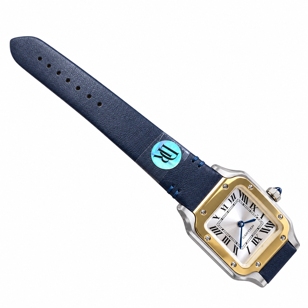 Cartier Santos de Cartier Large Stainless Steel & Yellow Gold Two-Tone White Dial Roman Numeral Blue Leather Strap Automatic Watch