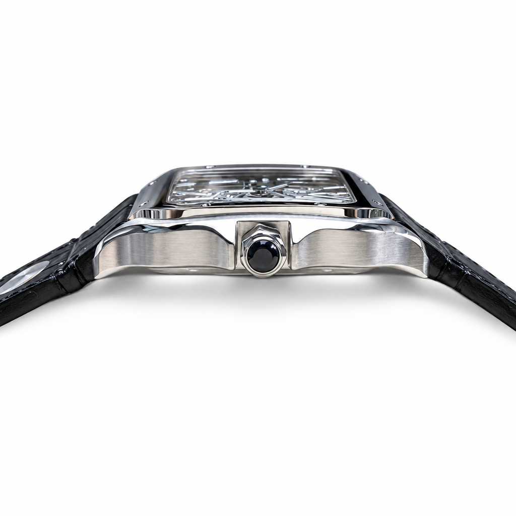 Cartier Santos de Cartier Large Stainless Steel Skeleton Green Roman Numeral Black Alligator Strap Automatic Watch