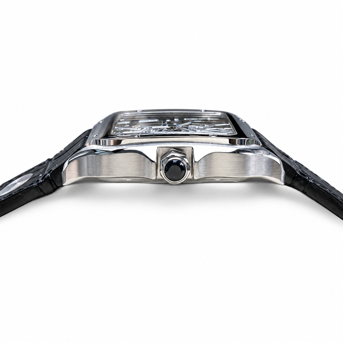 Cartier Santos de Cartier Large Stainless Steel Skeleton Green Roman Numeral Black Alligator Strap Automatic Watch