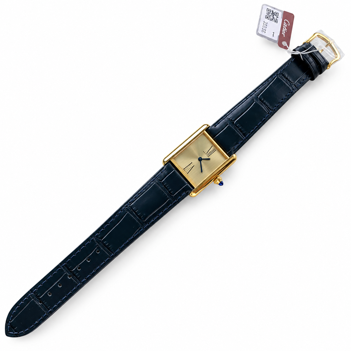 Cartier Tank Must Yellow Gold Champagne Dial Navy Alligator Strap Watch
