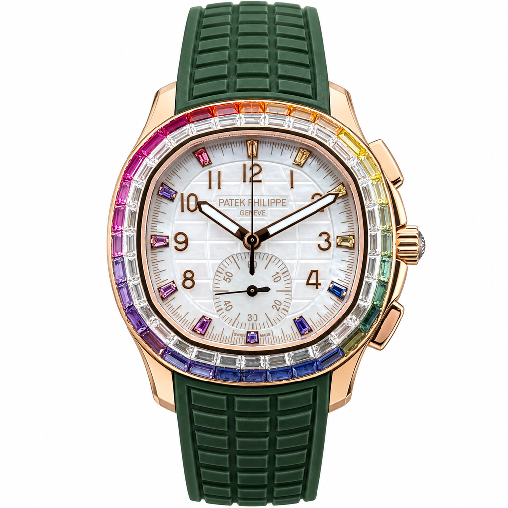 Patek Philippe Aquanaut Chronograph Rose Gold Rainbow Sapphire White MOP Forest Green Strap 39.9mm