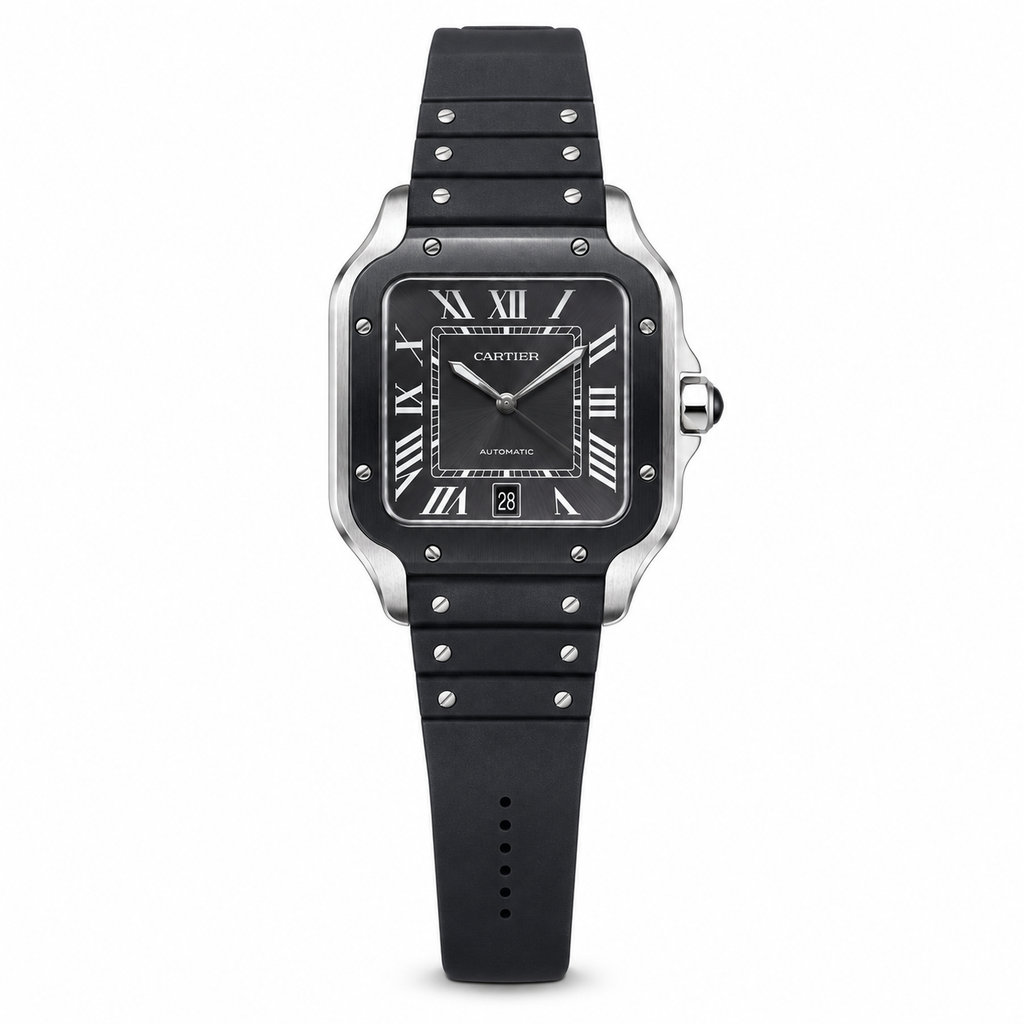 Cartier Santos de Cartier Large Steel & Black PVD Grey Dial Black Rubber Strap Automatic Watch