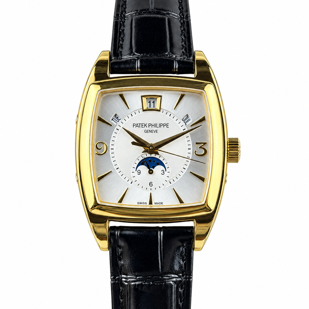 Patek Philippe Gondolo Cushion Yellow Gold Moon Phase Day Date Month Silver Dial Black Strap 34mm