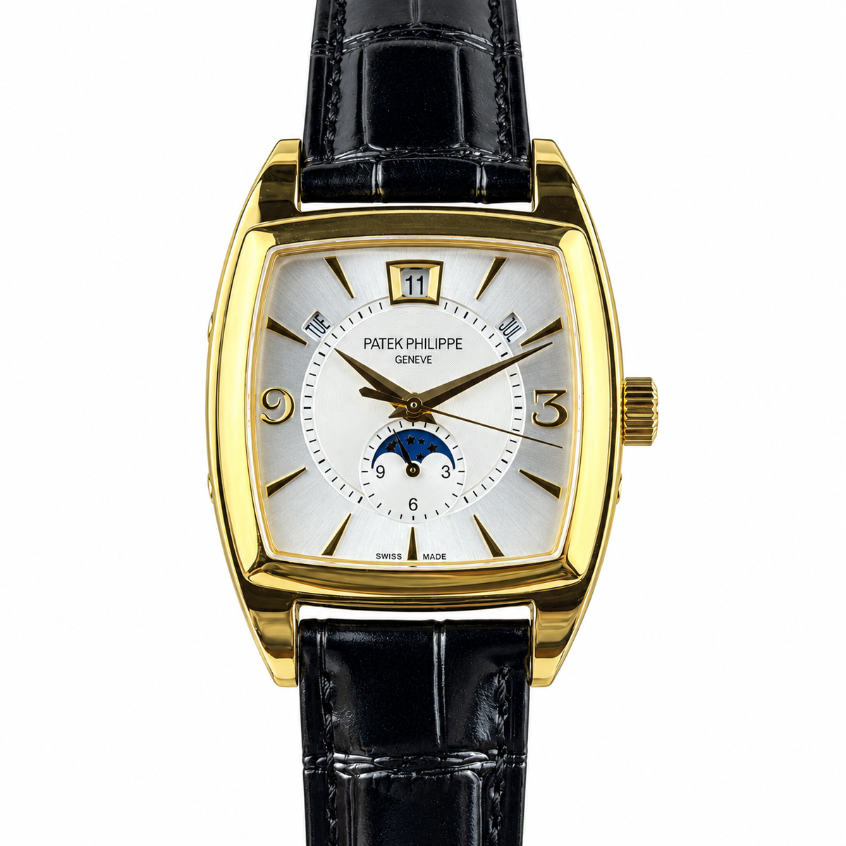 Patek Philippe Gondolo Cushion Yellow Gold Moon Phase Day Date Month Silver Dial Black Strap 34mm