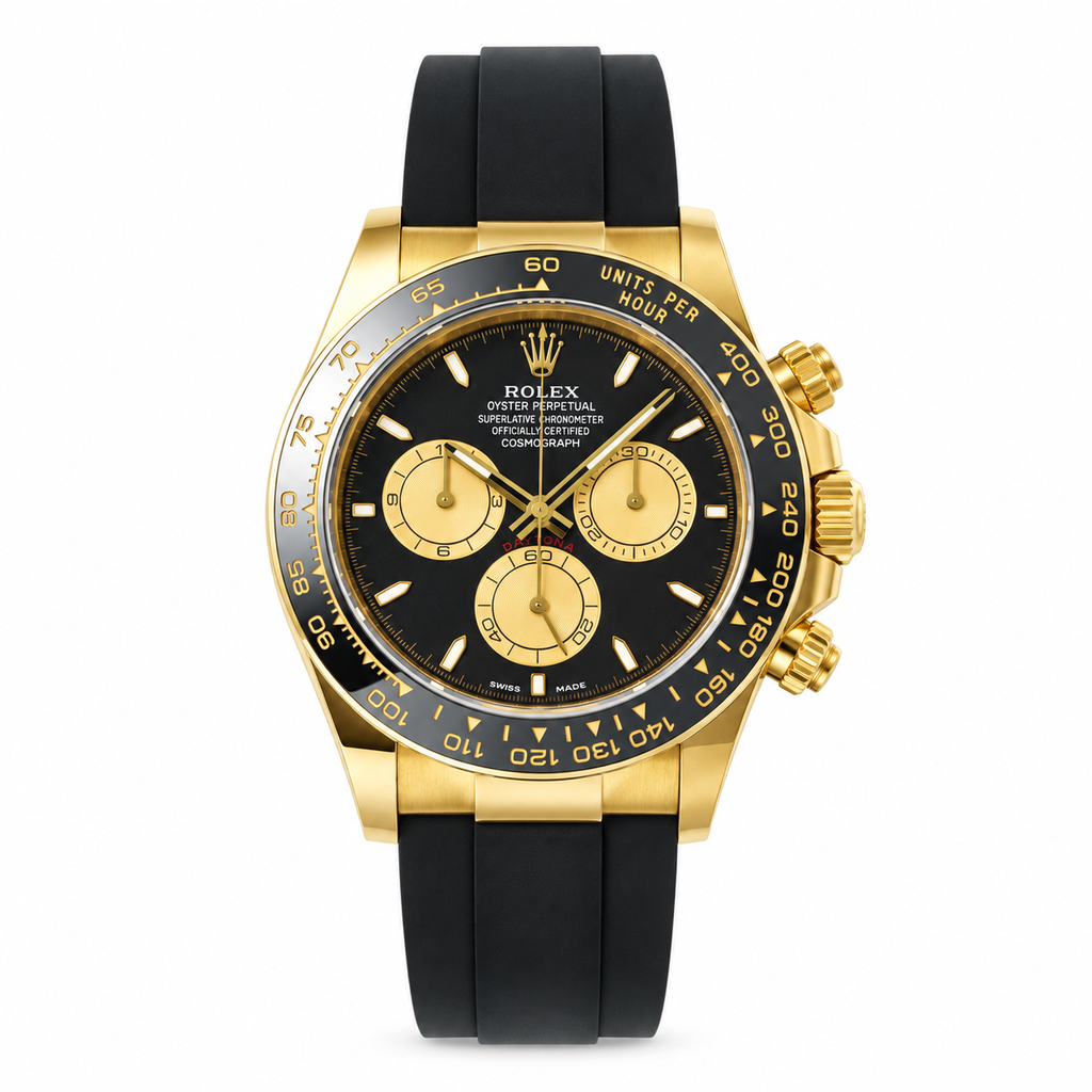 Rolex Cosmograph Daytona Yellow Gold Black Ceramic Bezel Black Dial Champagne Sub-dials Oysterflex Watch