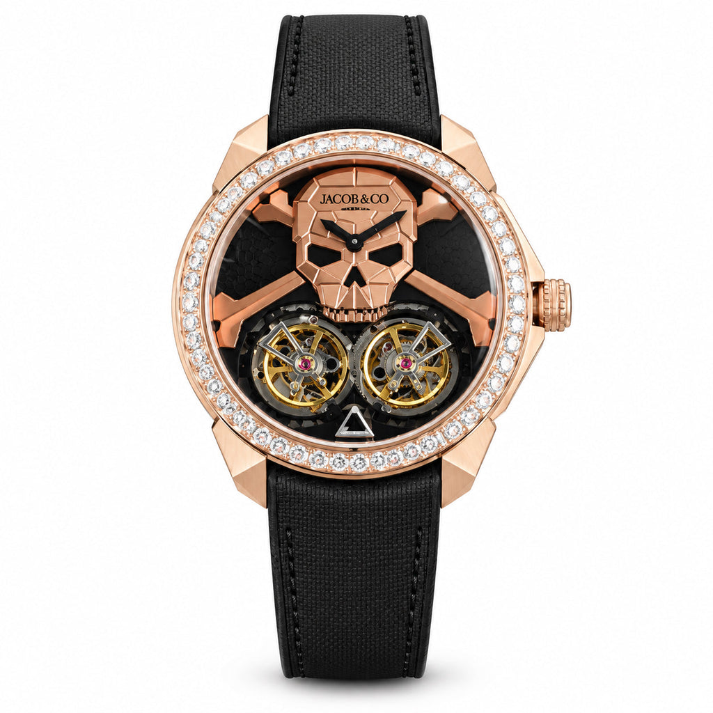 Jacob & Co. Memento Mori 18K Rose Gold Skull Crossbones Double Flying Tourbillon Diamond Bezel Black Fabric Watch