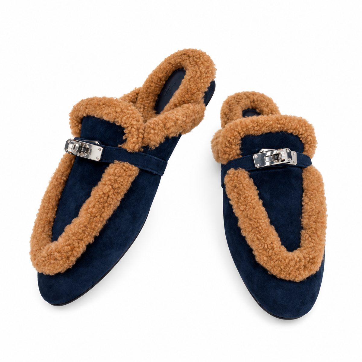 Hermès Navy Mules with Plush Trim & Silver-Tone Hardware