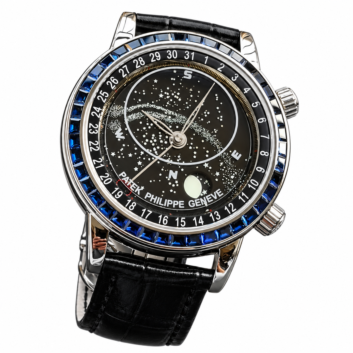 Patek Philippe Celestial White Gold Blue Sapphire Black Star Dial Moon Phase 44mm