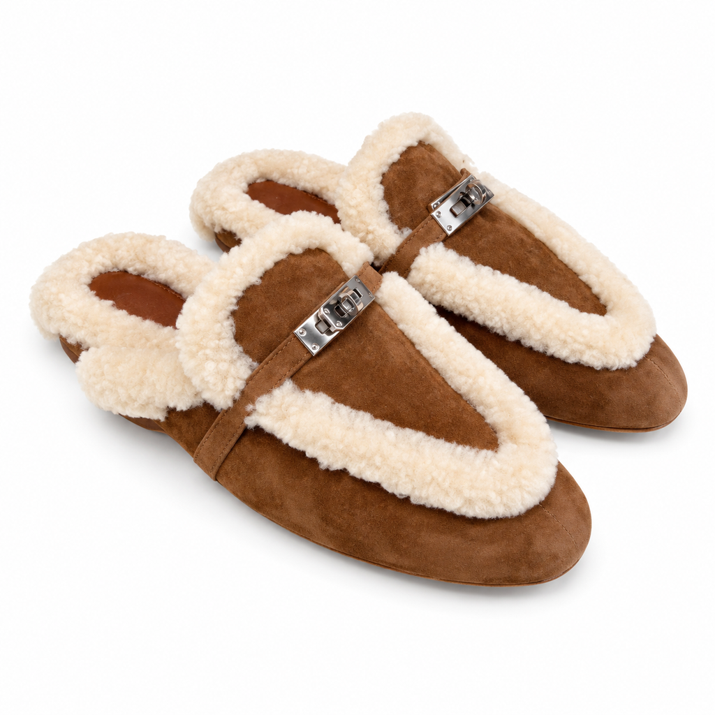 Hermès Tan Mules with Cream Plush Trim & Silver-Tone Hardware