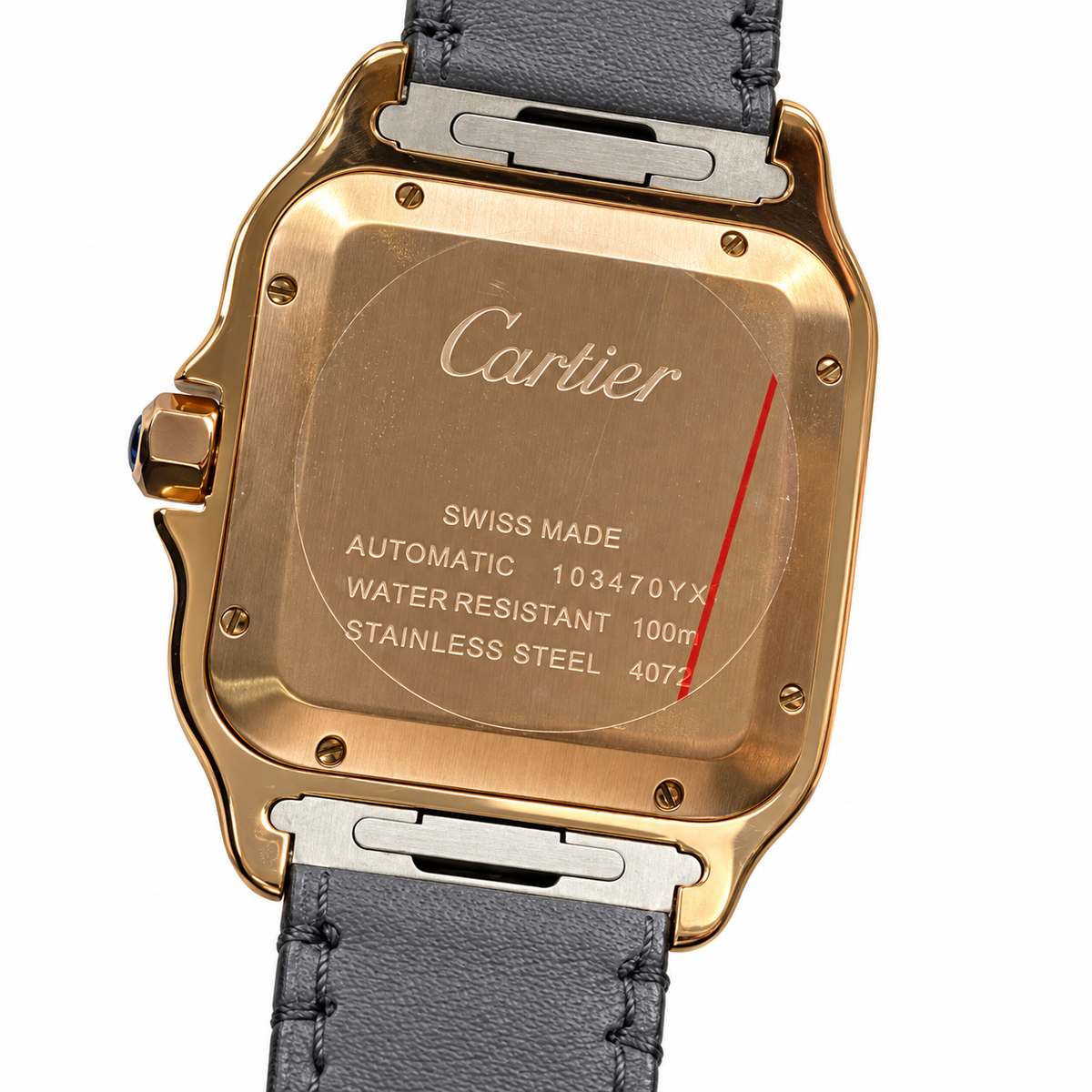 Cartier Santos de Cartier Large Rose Gold PVD Stainless Steel White Dial Roman Numeral Grey Alligator Strap Automatic Watch