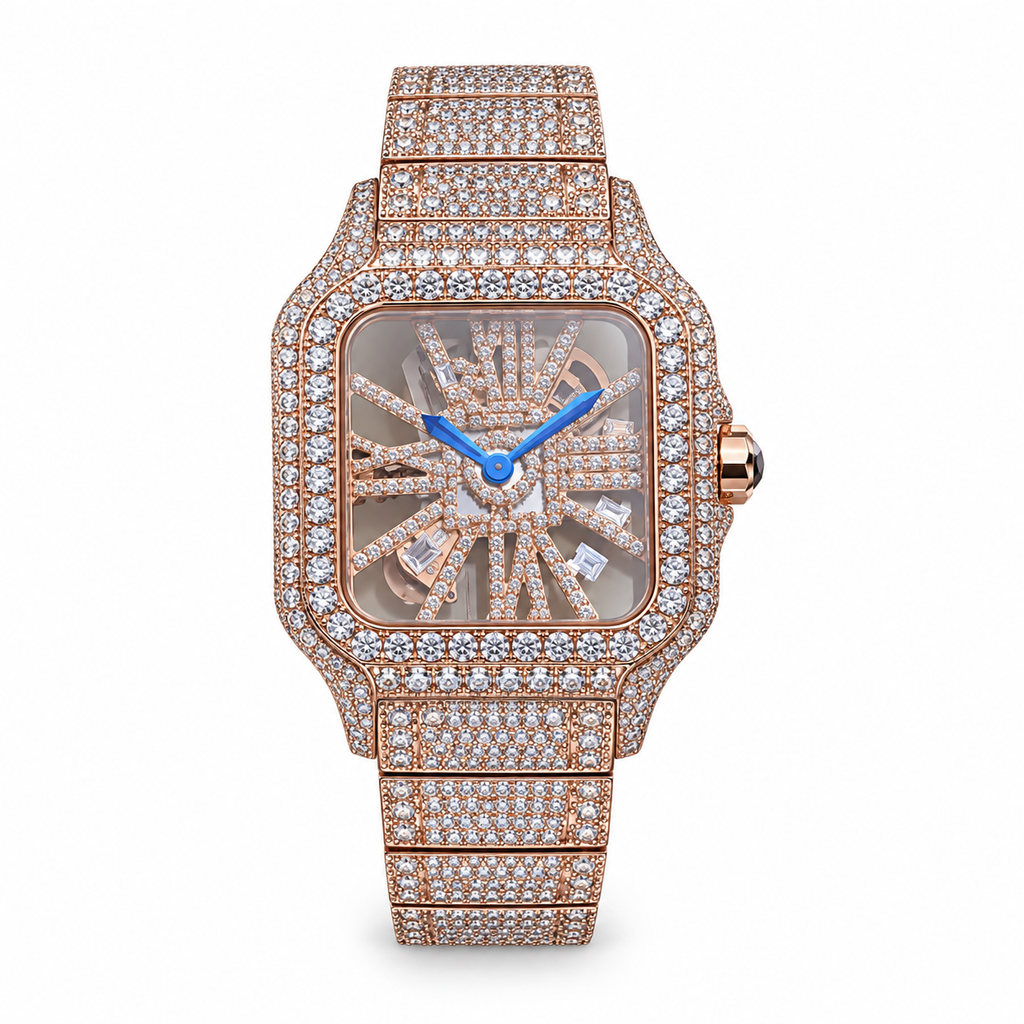 Cartier Santos de Cartier Iced Out Rose Gold Full Diamond Skeleton Dial Bracelet Watch