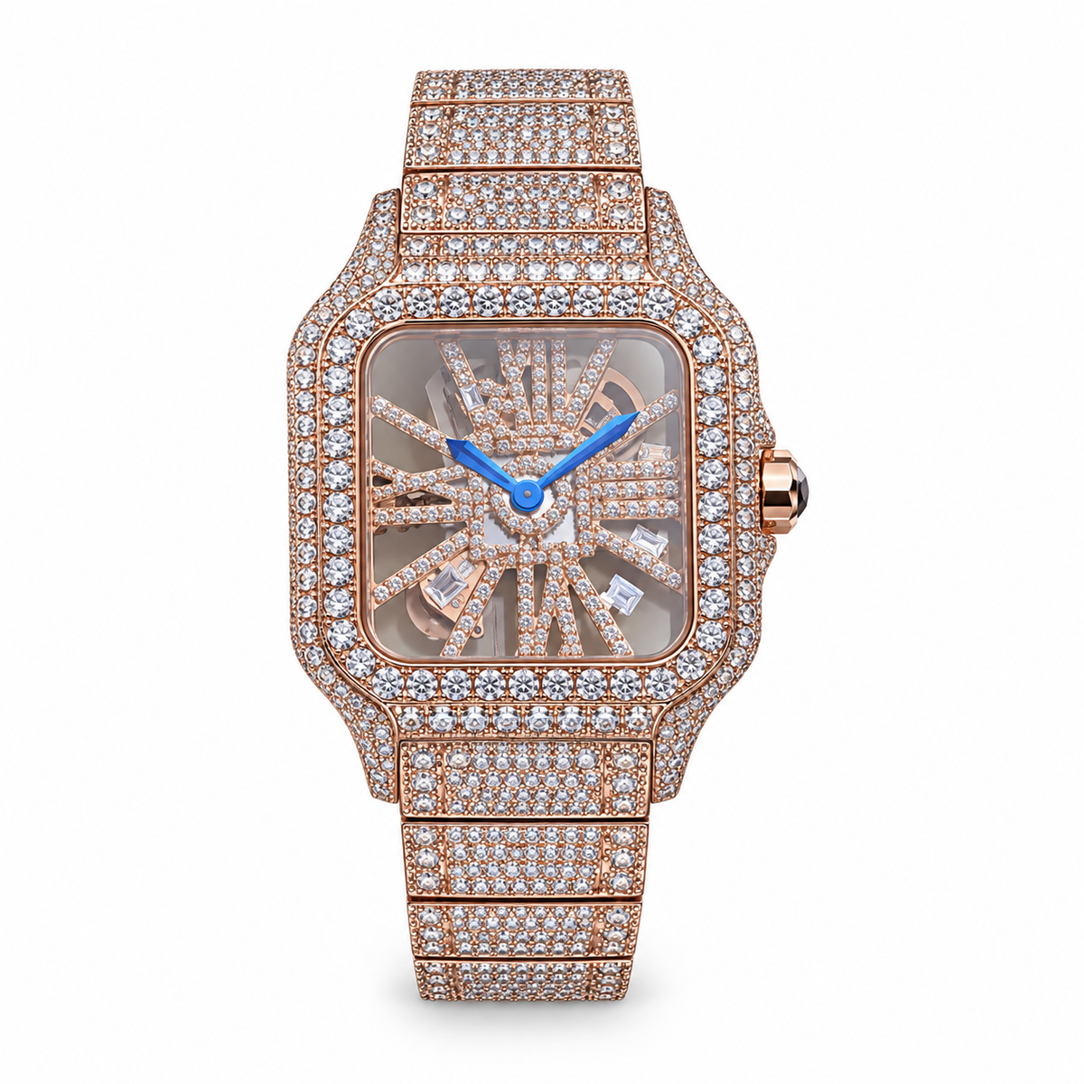 Cartier Santos de Cartier Iced Out Rose Gold Full Diamond Skeleton Dial Bracelet Watch