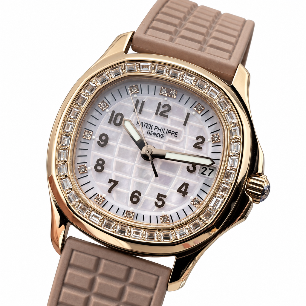 Patek Philippe Aquanaut Luce Rose Gold Diamond Bezel White MOP Beige Strap 44mm