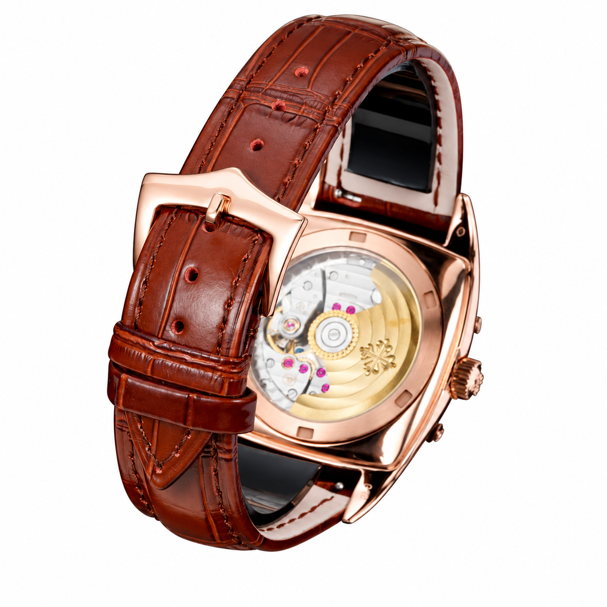 Patek Philippe Gondolo Cushion Rose Gold Moon Phase Small Seconds Date Month Ivory Dial Brown Strap 34mm