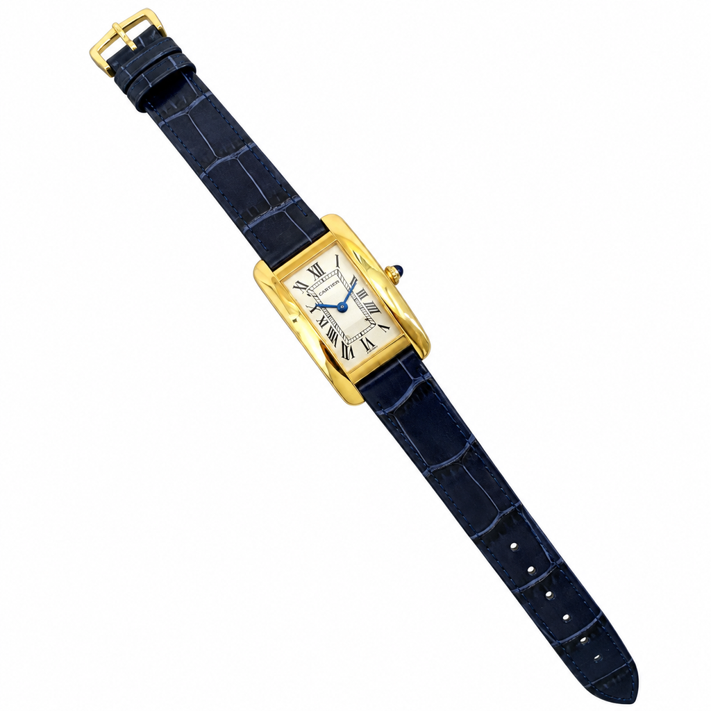 Cartier Tank Must Yellow Gold White Dial Navy Blue Alligator Strap Watch