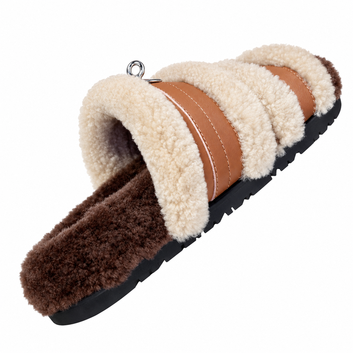 Hermès Cream Plush Slide Sandals with Tan Double Straps