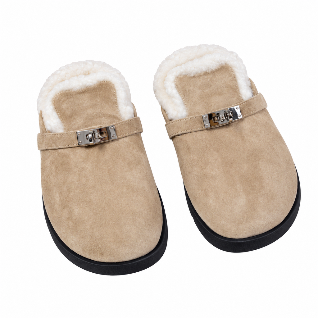 Hermès Beige Mule Shoes with Cream Plush Trim