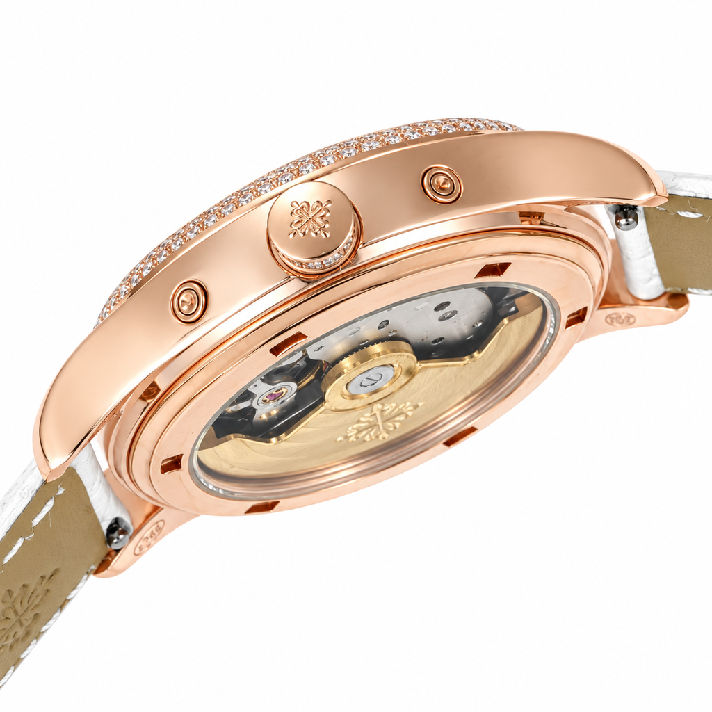 Patek Philippe Ladies Rose Gold Diamond Bezel Annual Calendar Moon Phase MOP Dial White Strap 38mm