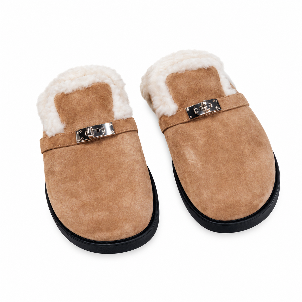 Hermès Camel Mule Shoes with Cream Plush Trim