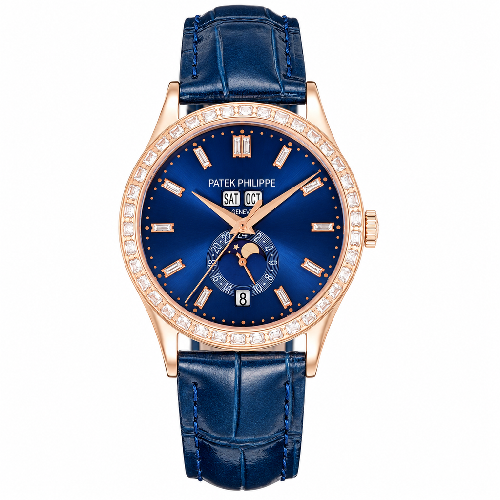 Patek Philippe Complications Rose Gold Baguette Diamond Bezel Blue Dial Annual Calendar Moon Phase Day Month Date Blue Strap 38mm