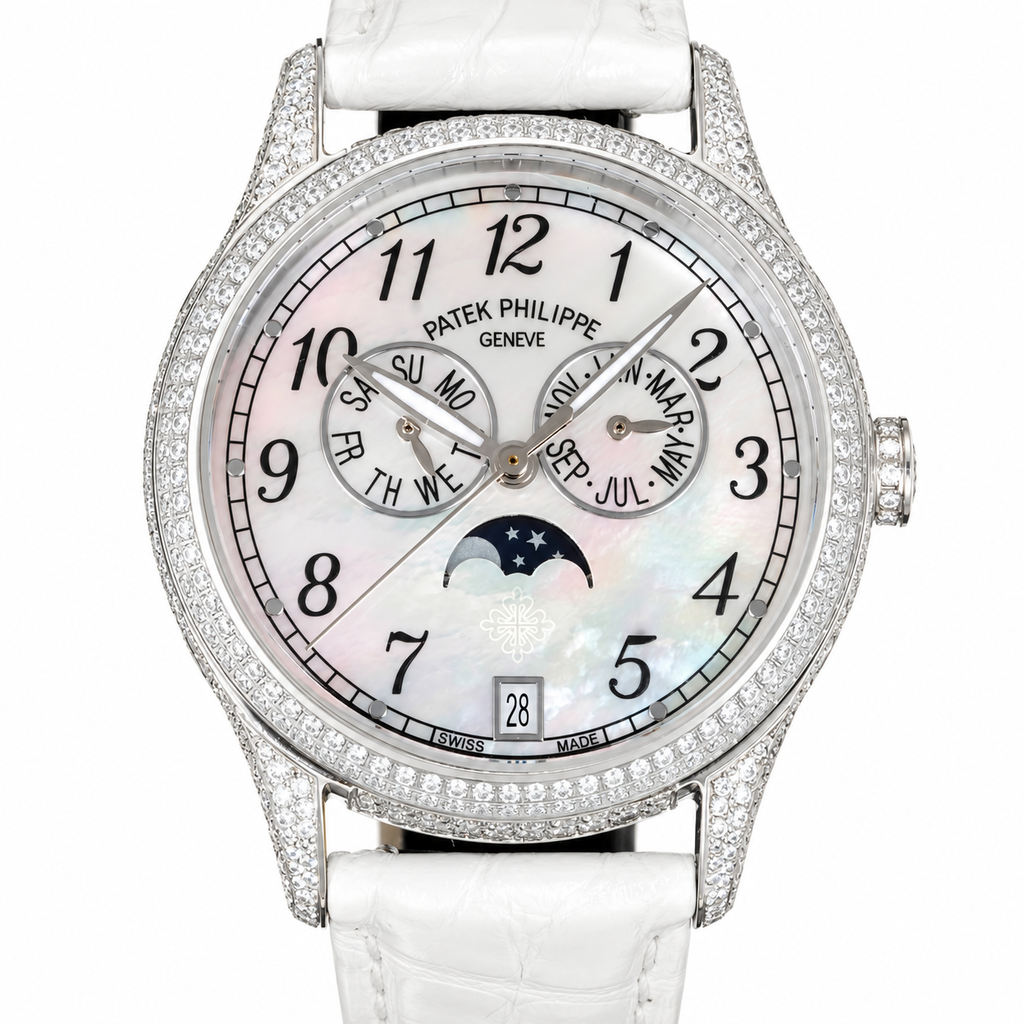 Patek Philippe Ladies White Gold Full Diamond Case Annual Calendar Moon Phase MOP Dial Arabic Numerals 38mm