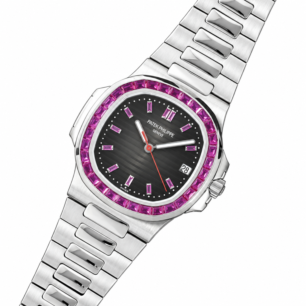 Patek Philippe Nautilus Pink Sapphire Baguette Steel Black Dial