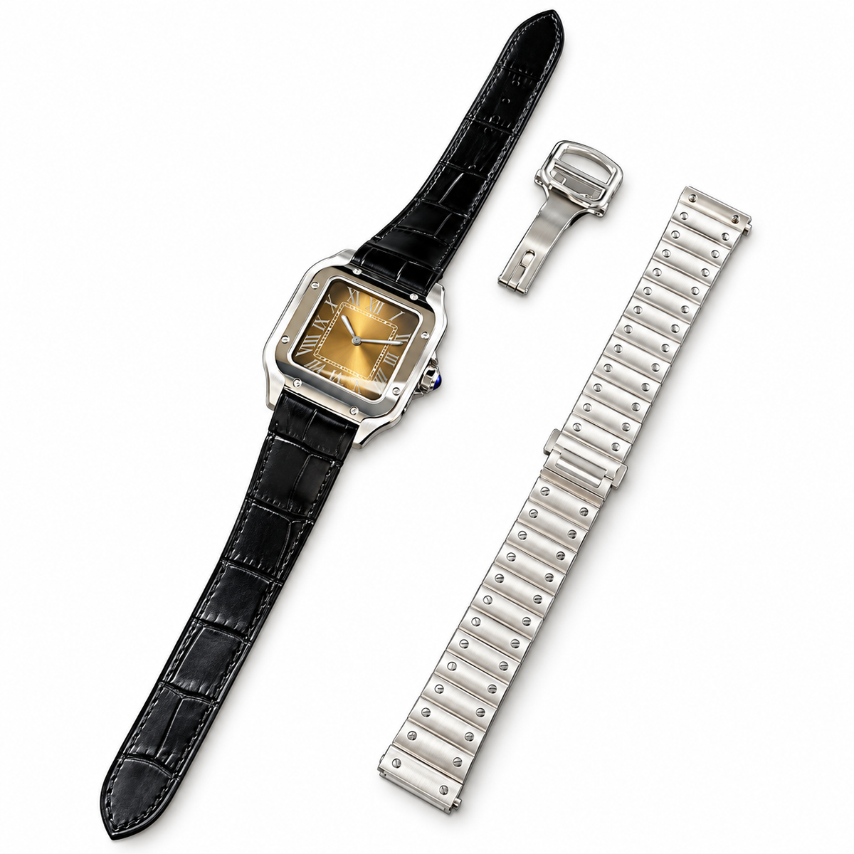 Cartier Santos de Cartier Large Stainless Steel Champagne Dial Roman Numeral Interchangeable Black Alligator Strap & Steel Bracelet Automatic Watch