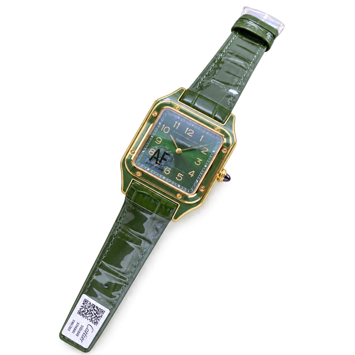 Cartier Santos-Dumont Yellow Gold PVD Green Lacquer Dial Green Alligator Strap Quartz Watch