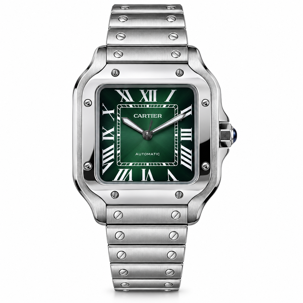 Cartier Santos de Cartier Large Stainless Steel Green Dial Roman Numeral Steel Bracelet Automatic Watch