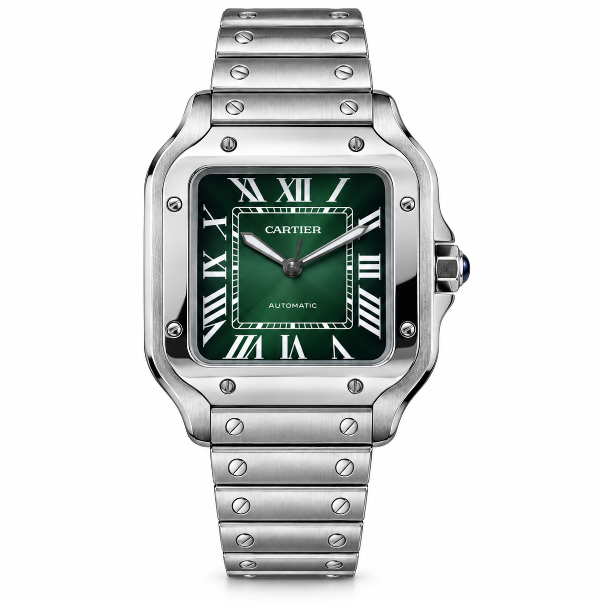 Cartier Santos de Cartier Large Stainless Steel Green Dial Roman Numeral Steel Bracelet Automatic Watch