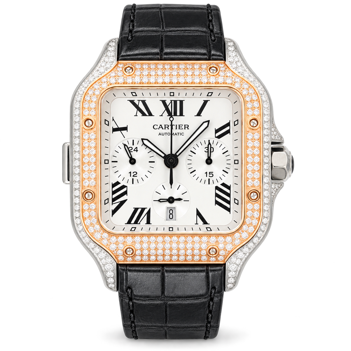 Cartier Santos de Cartier Chronograph Steel Rose Gold Pavé Diamond Bezel White Dial Black Alligator Watch