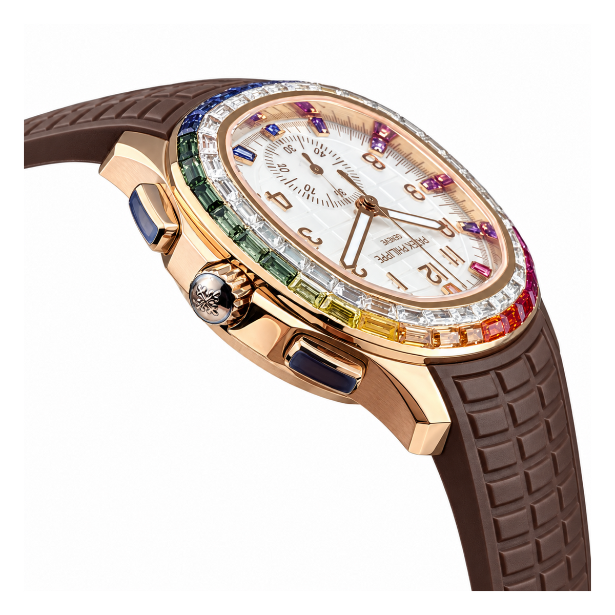 Patek Philippe Aquanaut Chronograph Rose Gold Rainbow Sapphire White MOP Brown Strap 39.9mm