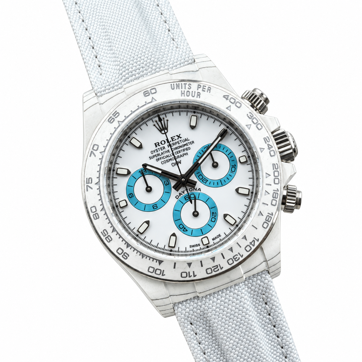 Rolex Daytona White Dial Blue Subdials Canvas Strap