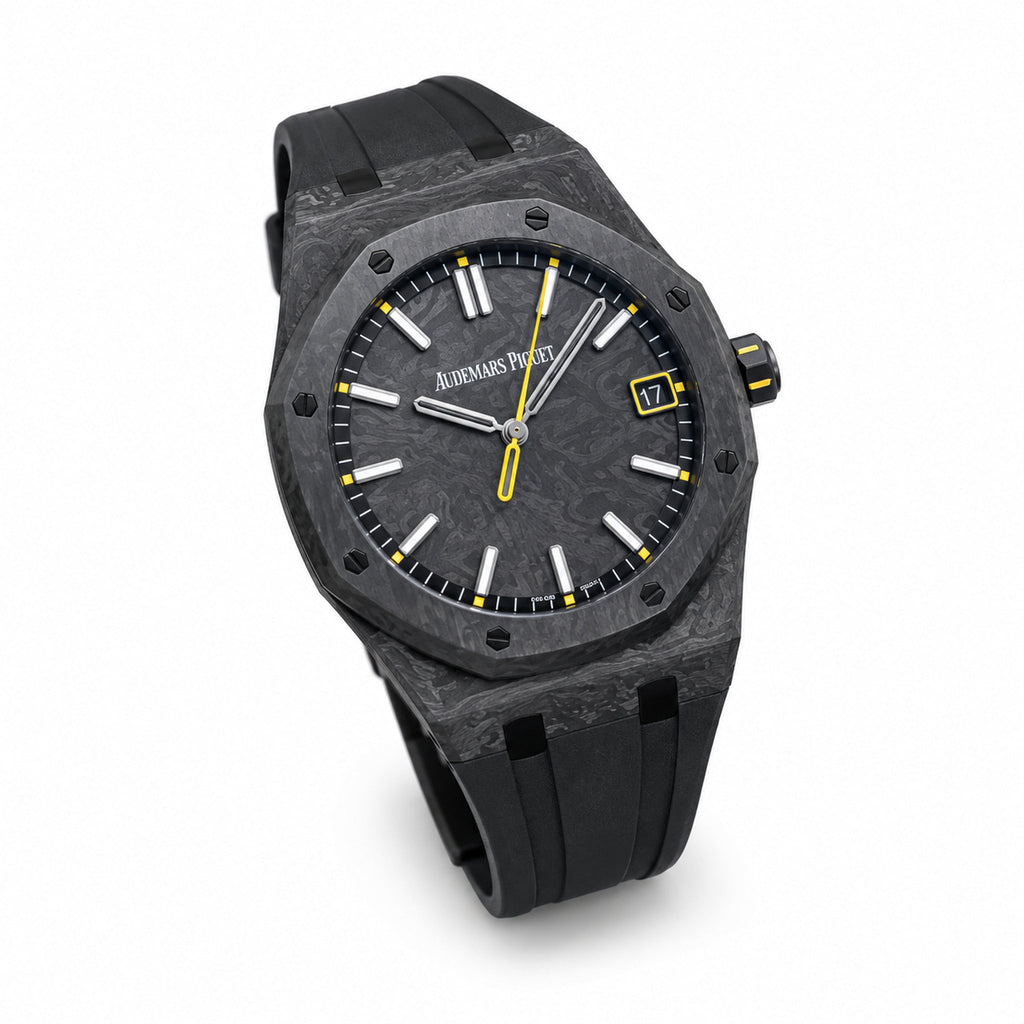 Audemars Piguet Royal Oak Selfwinding 41mm Forged Carbon Case Black Carbon Dial White Gold Indexes Yellow Seconds Hand Yellow Minute Track Yellow Crown Date Black Rubber Strap Lightweight