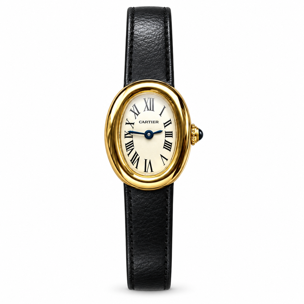 Cartier Baignoire Mini Yellow Gold Cream Dial Black Leather Watch