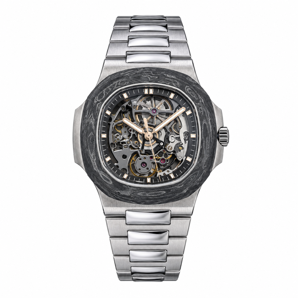 Patek Philippe Nautilus DiW Skeleton Forged Carbon Bezel Steel Bracelet