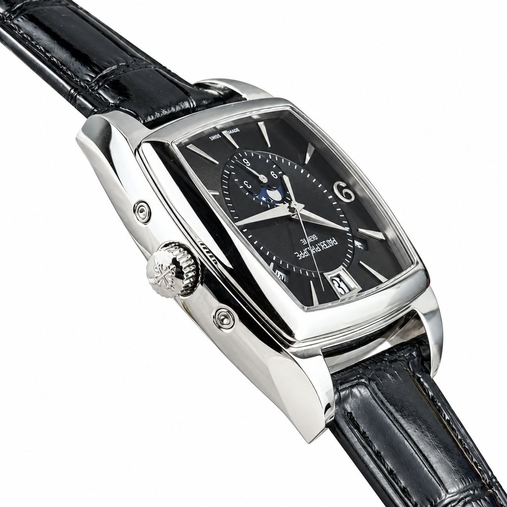 Patek Philippe Gondolo Calendario White Gold TV-Shaped Slate Grey Clous de Paris Dial Annual Calendar Moon Phase Small Seconds Black Strap 34mm