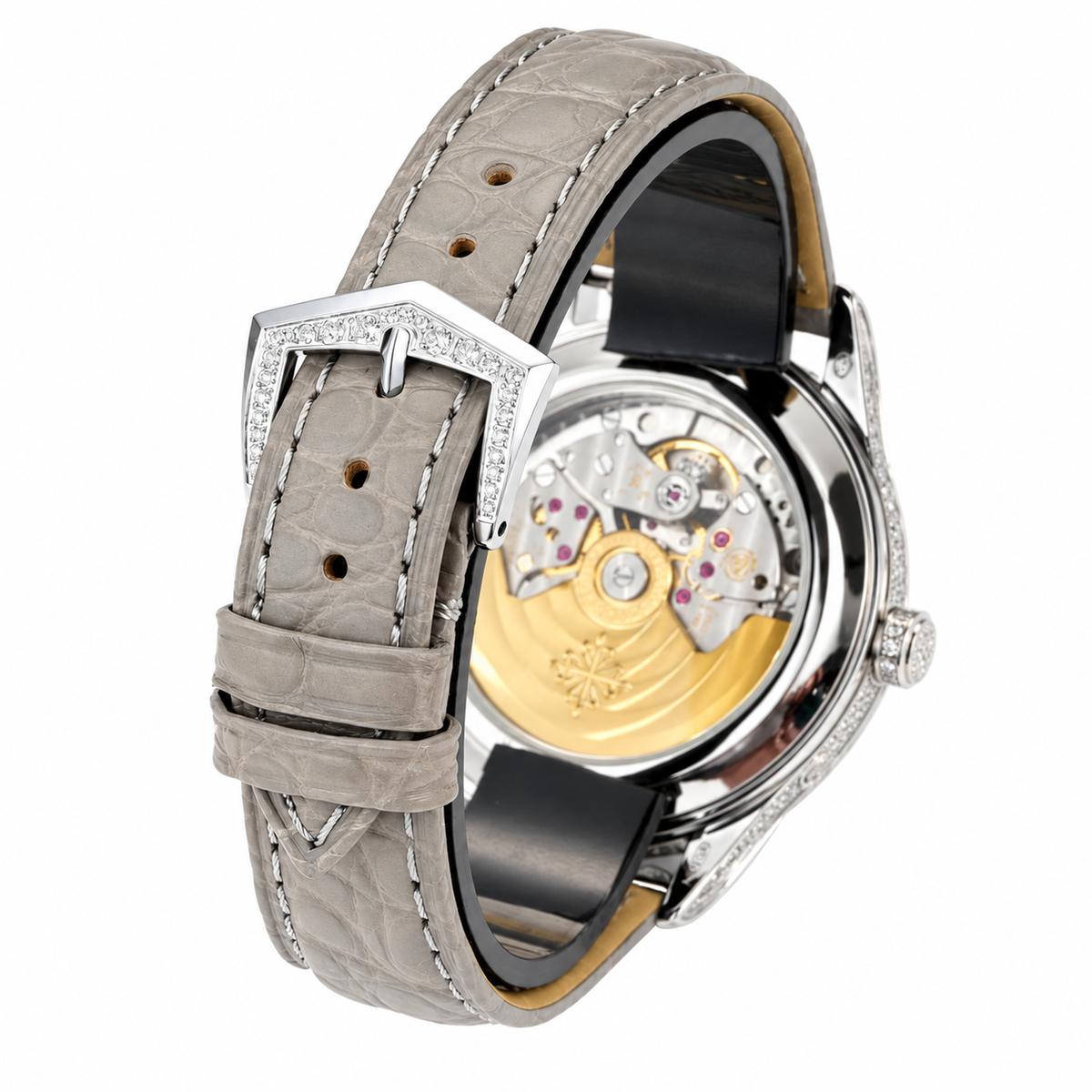 Patek Philippe Ladies Complications White Gold Full Diamond Bezel Lugs White MOP Dial Arabic Numerals Annual Calendar Moon Phase Date Grey Strap 38mm