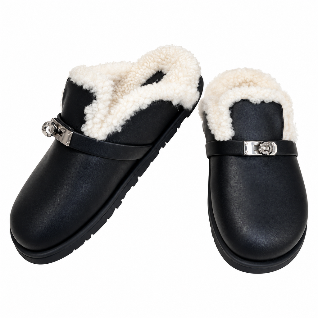 Hermès Black Mule Shoes with Cream Plush Trim
