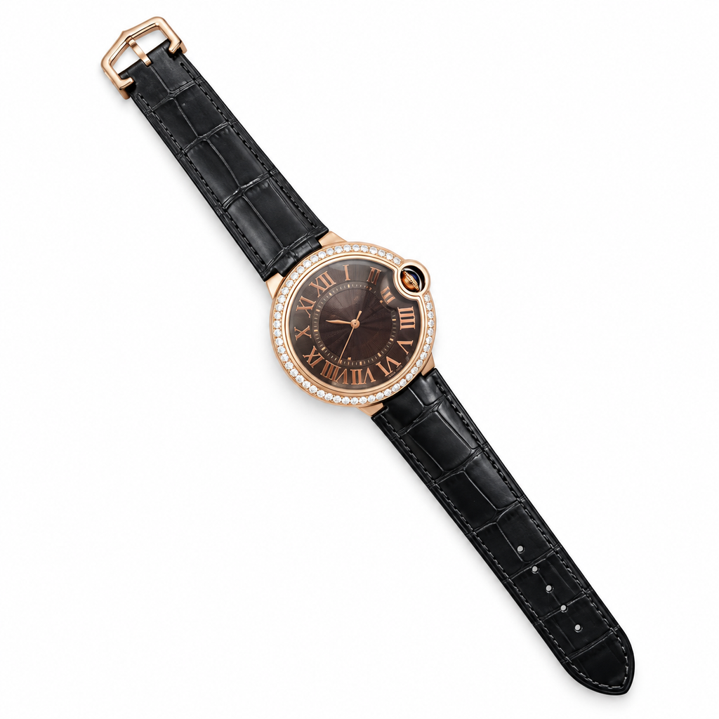 Cartier Ballon Bleu de Cartier Rose Gold Diamond Bezel Chocolate Dial Black Alligator Watch