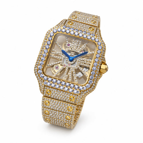 Cartier Santos de Cartier Skeleton Iced Out Yellow Gold Full Pavé Diamond Bracelet Watch