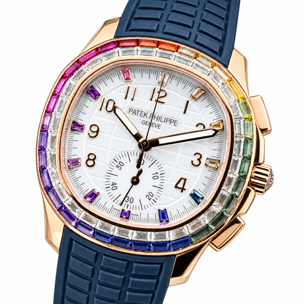 Patek Philippe Aquanaut Chronograph Rose Gold Rainbow Sapphire White MOP Navy Blue Strap 39.9mm