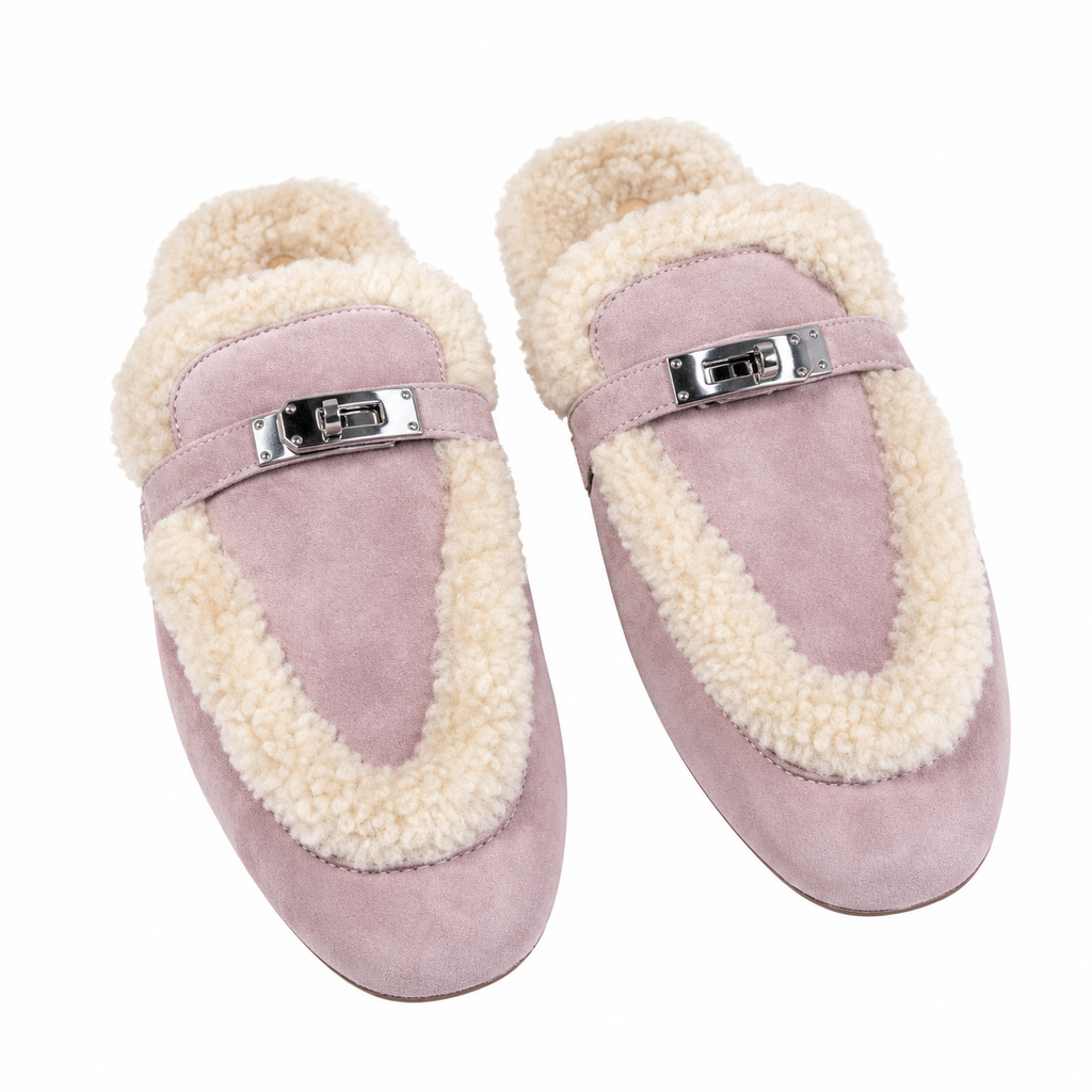 Hermès Pink Mules with Cream Plush Trim & Silver-Tone Hardware